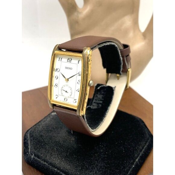 Seiko Men's Watch 7N07-5019 Tank Vintage Quartz White Dial Gold Brown Leather - Picture 2 of 13